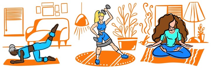 flat sketch style illustration of three women doing sport and yoga at home
