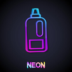 Glowing neon line Plastic bottle for laundry detergent, bleach, dishwashing liquid or another cleaning agent icon isolated on black background. Vector