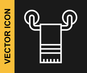 White line Towel on hanger icon isolated on black background. Bathroom towel icon. Vector
