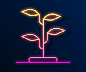 Glowing neon line Sprout icon isolated on black background. Seed and seedling. Leaves sign. Leaf nature. Vector