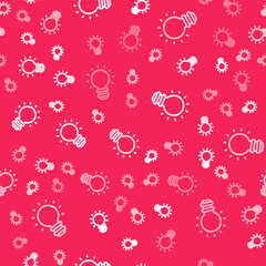 White line Creative lamp light idea icon isolated seamless pattern on red background. Concept ideas inspiration, invention, effective thinking, knowledge and education. Vector