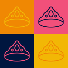 Pop art line King crown icon isolated on color background. Vector