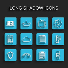 Set line Shield, Scales of justice, Medical clinical record, Clipboard with document, Smart watch heart beat rate, Cloud, Thermometer and Notebook icon. Vector