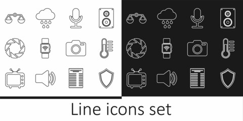 Set line Shield, Thermometer, Microphone, Smartwatch with wireless, Camera shutter, Scales of justice, Photo camera and Cloud rain icon. Vector