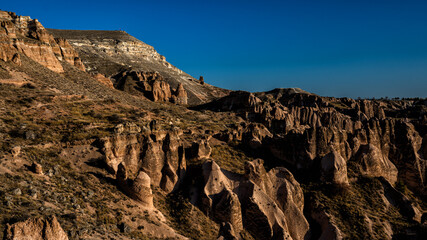 Awesome view of unusual rocky landscape in Cappadocia, Turkey.