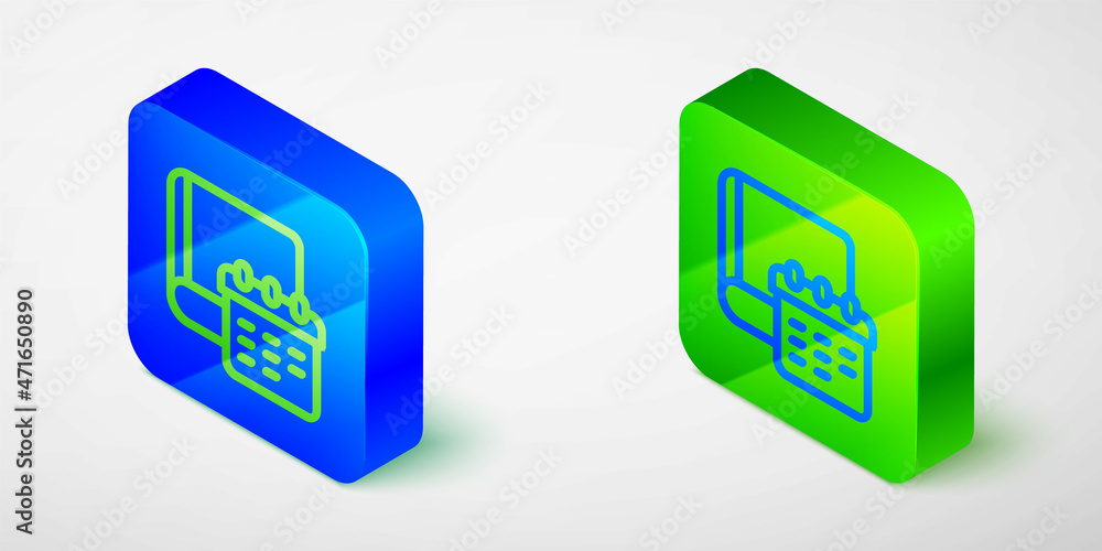 Poster isometric line daily paper notepad icon isolated grey background. blue and green square button. vect