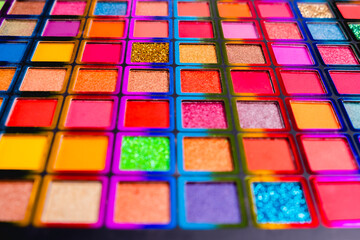 Flat lay of Broken bright multicolor eyeshadow as samples and swatches of cosmetic beauty product isolated on white background.