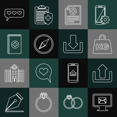 Set line Monitor and envelope, Upload, Weight, Clinical record, Wind rose, Medical book, Like heart and Download icon. Vector