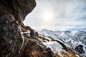 Landscape of snowy mountains at winter