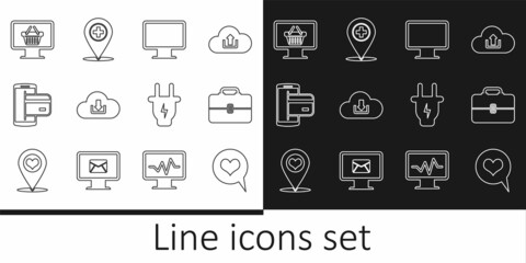 Set line Heart in speech bubble, Toolbox, Computer monitor screen, Cloud download, NFC Payment, Monitor with shopping basket, Electric plug and Medical location cross icon. Vector