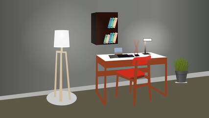 Reading room interior design with reading table, bookshelf,chair, lamp Free Vector
