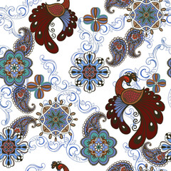 Seamless pattern abstract peacock botanical blossom beautiful mandala bandana paisley damask henna painting
