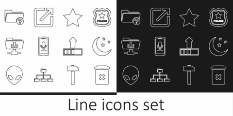 Set line Trash can, Moon and stars, Star, Mobile recording, FTP folder download, Unknown directory, Loading and Open new window icon. Vector