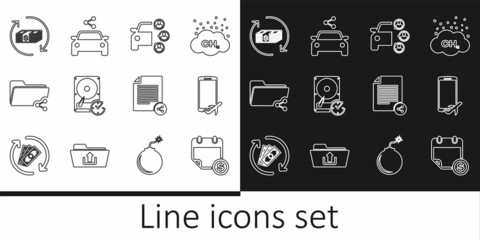 Set line Financial calendar, Flight mode the mobile, Car sharing, Hard disk drive with clockwise, Share folder, Refund money, file and icon. Vector