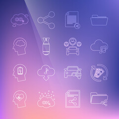 Set line Share folder, Refund money, Music streaming service, file, Aviation bomb, Head silhouette with cloud, CO2 emissions and Car sharing icon. Vector