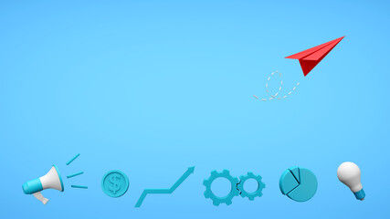 Red paper plane and business strategy symbols with copy space on blue background. Business strategy concept. 3D render illustration. Clipping path of each element included for freely arranged.