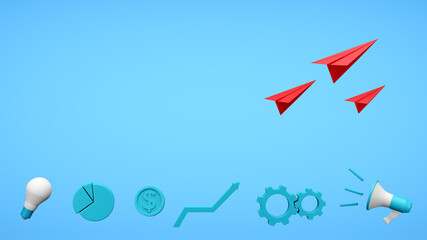 Red paper plane and business strategy symbols with copy space on blue background. Business strategy concept. 3D render illustration. Clipping path of each element included for freely arranged.
