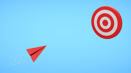 Red paper plane and target with copy space on blue background. Business strategy concept. 3D render illustration. Clipping path of each element included for freely arranged.