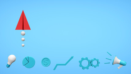 Red paper plane and business strategy symbols with copy space on blue background. Business strategy concept. 3D render illustration. Clipping path of each element included for freely arranged.