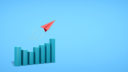 Red paper plane and bar graph with copy space on blue background. Business strategy concept. 3D render illustration. Clipping path of each element included for freely arranged.