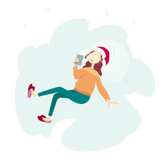 Girl in a Christmas hat with a mobile phone in her hand is flying in the clouds.
