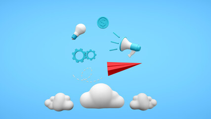 Red paper plane and business strategy symbols on blue background. Business strategy concept. 3D render illustration. Clipping path of each element included for freely arranged.