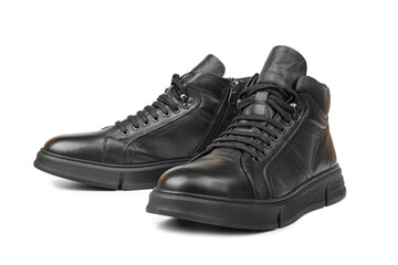 Black leather autumn sneakers for men isolated on white