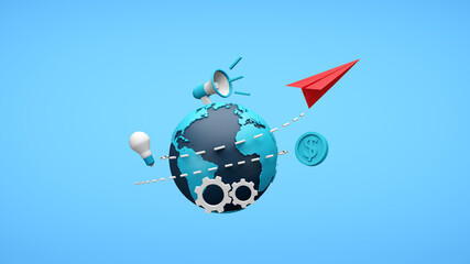 Red paper plane and business strategy symbols on blue background. Business strategy concept. 3D render illustration. Clipping path of each element included for freely arranged.