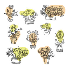Set collection of hand-drawn bouquets of flowers houseplants and colored spots isolated on white background Ink pen drawing in the style of doodles