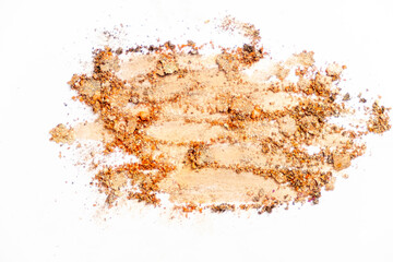 Flat lay of Broken bright multicolor eyeshadow as samples and swatches of cosmetic beauty product isolated on white background.