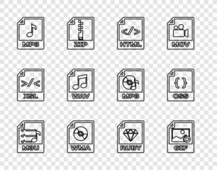 Set line M3U file document, GIF, HTML, WMA, MP3, WAV, RUBY and CSS icon. Vector