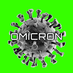 Omicron, new variant of Coronavirus 2019-nCov novel coronavirus concept. Sars-cov-2 responsible for COVID-19 outbreak. World dangerous corona virus pandemic. Microscope virus close up. 3d rendering.