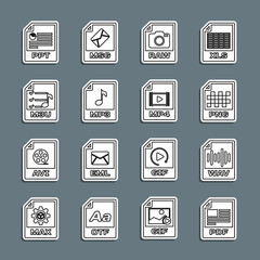 Set line PDF file document, WAV, PNG, RAW, MP3, M3U, PPT and MP4 icon. Vector