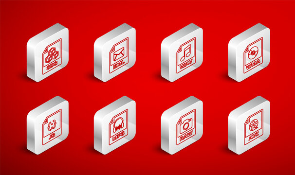 Set line AVI file document, EML, WAV, WMA, RAW, 3DS, MP3 and JS icon. Vector