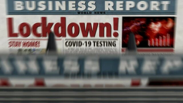 Lockdown COVID-19, closed economy and business crisis in coronavirus pandemic daily newspaper report printing. Abstract concept retro 3d rendering seamless looped animation.