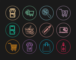 Set line Price tag with dollar, Shopping cart on laptop, Magnifying glass percent, Remove shopping basket, Mobile and, Free and icon. Vector