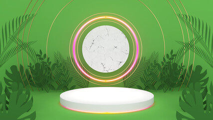 On a background of botanical leaves, a white circle stands.,mock up podium for product presentation,3D rendering