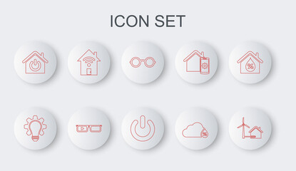 Set line House with wind turbine, Light bulb and gear, Glasses, Humidity, Smart home, wi-fi, glasses and Power button icon. Vector