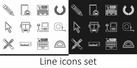 Fototapeta na wymiar Set line Protractor grid, Roulette construction, Supermarket building, Bus, Pixel arrow cursor, Pencil, stop and Audio book icon. Vector