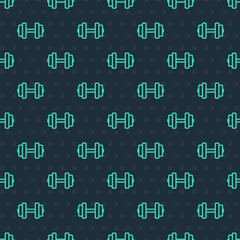 Green line Dumbbell icon isolated seamless pattern on blue background. Muscle lifting, fitness barbell, sports equipment. Vector