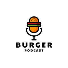 Burger combination with microphone podcast in background white,vector logo design line art style as you editable