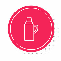White line Thermos container icon isolated on white background. Thermo flask icon. Camping and hiking equipment. Red circle button. Vector