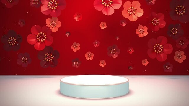 Looped product display podium with Chinese plum flower paper crafts wall animation.