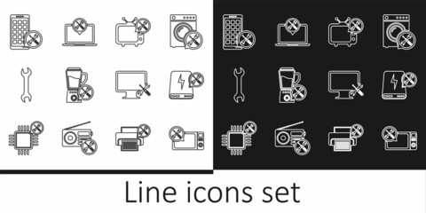 Set line Microwave oven service, Power bank, Tv, Blender, Wrench, Mobile Apps, Computer monitor and Laptop icon. Vector