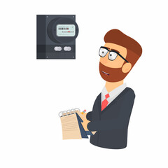 Inspector. Inspection of electric meter readings, vector illustration
