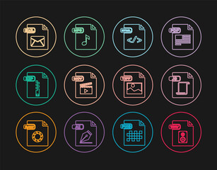 Set line WAV file document, JS, HTML, MOV, ZIP, EML, TIFF and MP3 icon. Vector