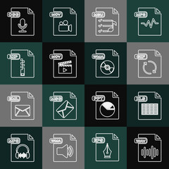 Set line WAV file document, XLS, GIF, M3U, MOV, ZIP, OGG and WMA icon. Vector