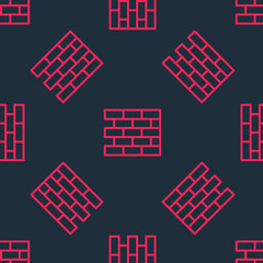 Red line Bricks icon isolated seamless pattern on black background. Vector