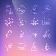 Set line Planting marijuana, Test tube with, Calendar and, Marijuana or cannabis leaf oil, Stop, Medical bottle and icon. Vector