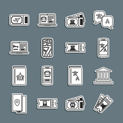 Set line Museum ticket, building, Online translator, Infographic of city map, hotel booking, Airline and icon. Vector